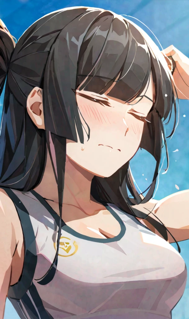 masterpiece,best quality, solo, eda, bangs, black hair, blue sky,cloud, shy expression, blushing expression, embarrassed expression, medium breast, hot, thicc, she is embarassed , she has a medium chest, she is wearing a gym outfit ,she is looking at you, closed mouth, cleavage, upper body , she is looking down on you, she is in the gym, she is working out, she is wearing sports, she is wearing white sando, she is fit, she is looking at the viewer, upper body, dynamic pose, dinamic view angle, detailed, she is tying her hair, she is super shy, she is embarrassed, closed eyes