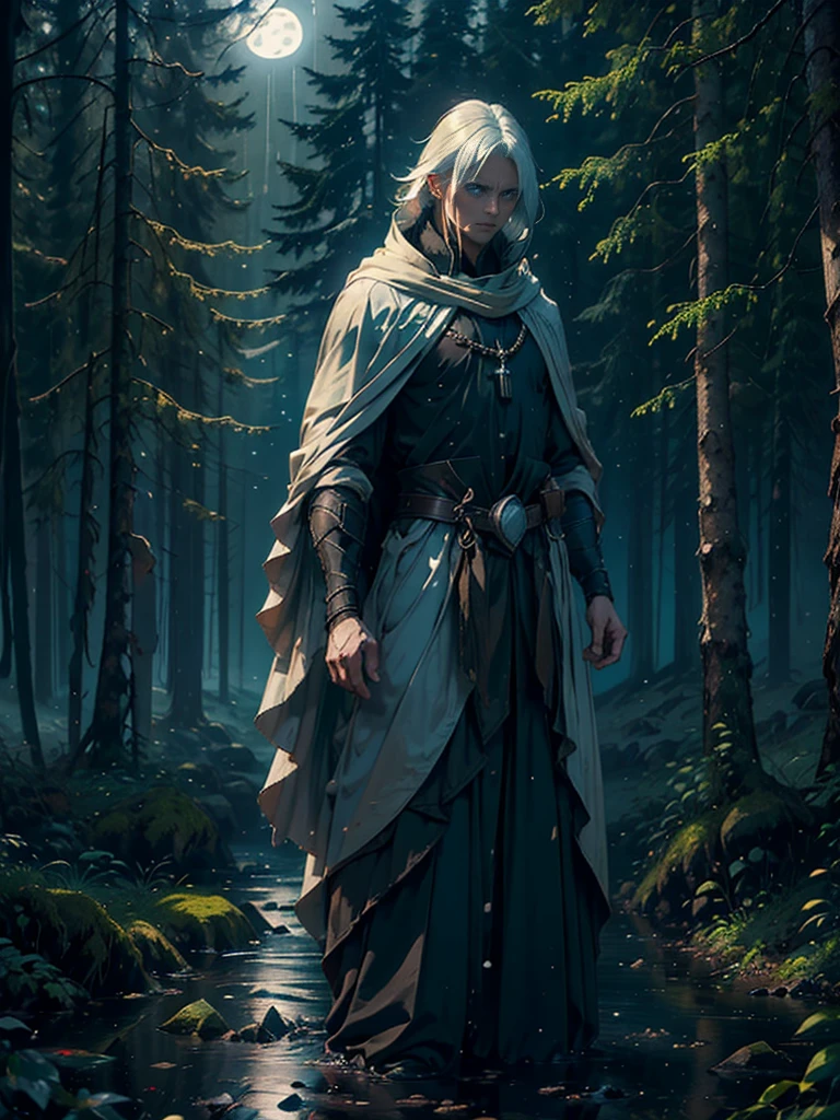 (Best Quality,ultra detailed), artificial raindrops falling, a man standing in the rain, white hair, blue eyes, detailed face(fail),dense forest landscape,majestic and serene nature, shining brightly in the night sky,black medieval outfit with pants glow in the moonlight, gentle style