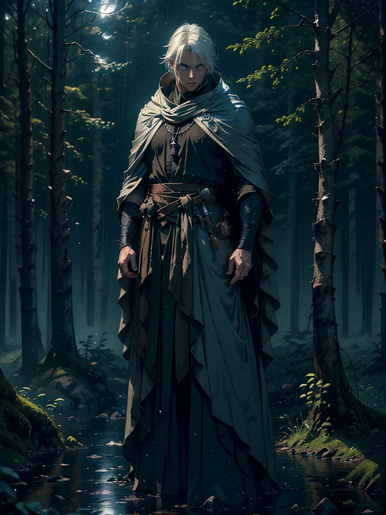 (Best Quality,ultra detailed), artificial raindrops falling, a man standing in the rain, white hair, blue eyes, detailed face(fail),dense forest landscape,majestic and serene nature, shining brightly in the night sky,black medieval outfit with pants glow in the moonlight, gentle style