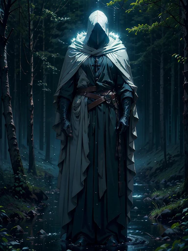 (Best Quality,ultra detailed), artificial raindrops falling, a man standing in the rain, white hair, blue eyes, detailed face(fail),dense forest landscape,majestic and serene nature, shining brightly in the night sky,black medieval outfit with pants glow in the moonlight, gentle style