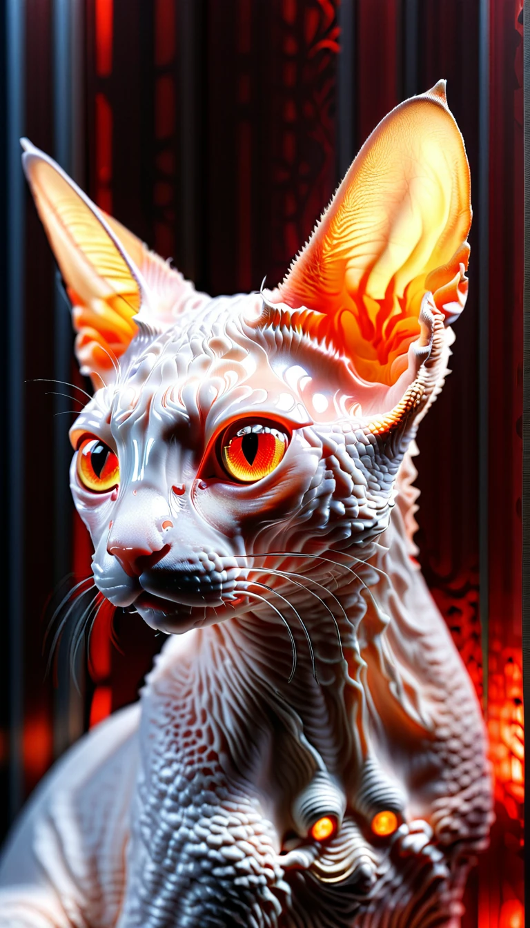 There is no one, realistic photo, realism, devon rex (Devon Rex)) cat, future oriented, metal decoration, Shining red light inside, hollow interior, Polish, ray tracing, perfect composition, intricate details, Very sharp, masterpiece, profile, high resolution