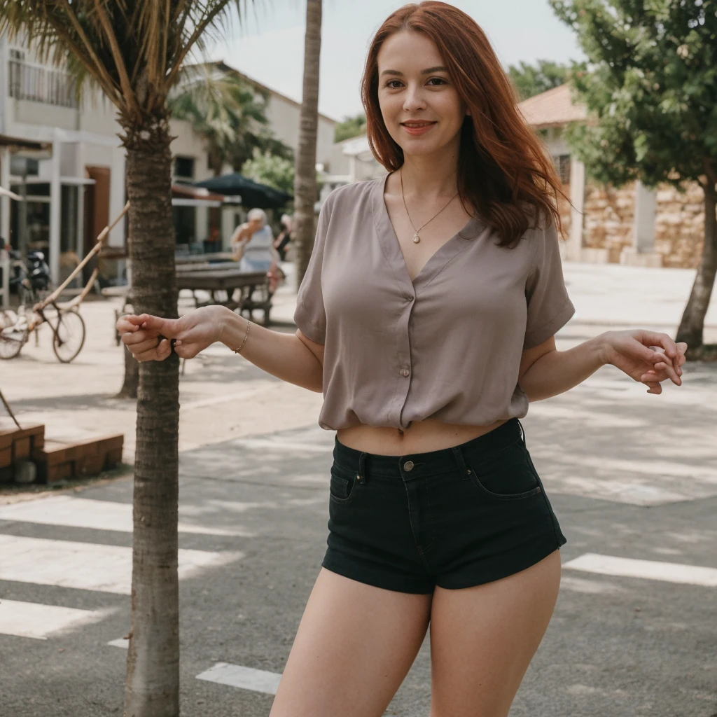 1 girl, solo, Caucasian, Old woman, mature, her name is Sophia, (mother), ((consistent face and image)), (((60 years old woman))), (((wrinkles))), ((long red hair)), ((fair skin)), ((round face)), ((short roman nose)), ((brown plump lips)), ((full body)), ((half body shot)), (((sexy and chubby body))), (((wearing shorts and blouse))), (at Portugal), smirk, ((summer season)),