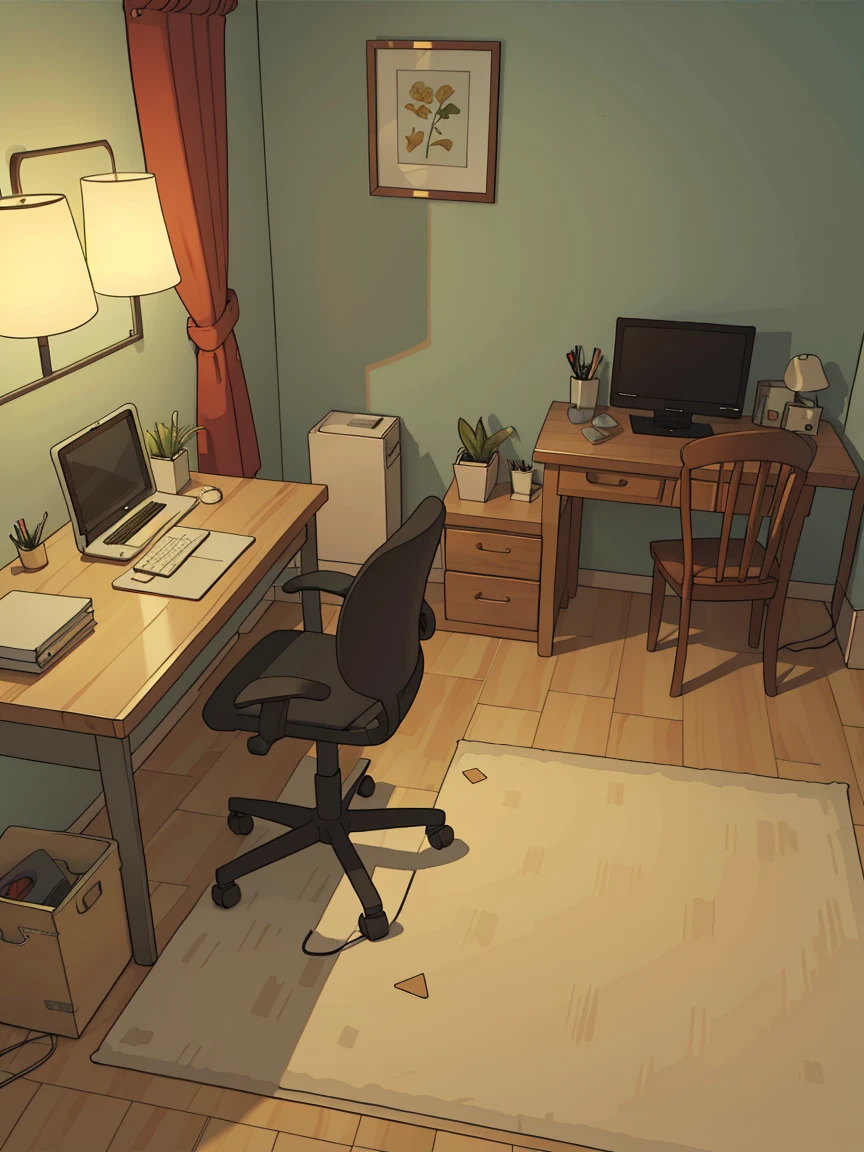 bedroom,3d,Cartoon illustration,floor,Wardrobe,table,Chair,carpet,desk lamp,Wide-angle lens,Front view,Spacious,