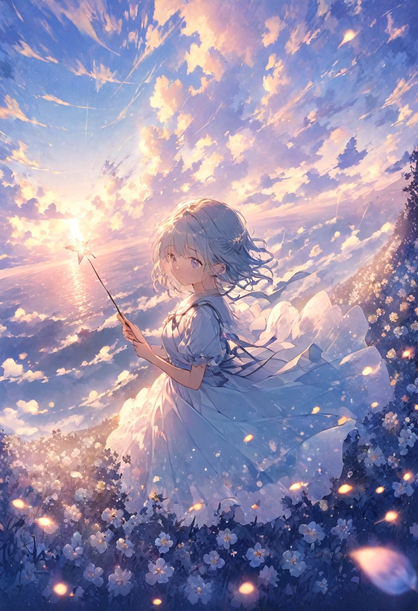 Blue sky, white clouds floating in the distance, a  standing on a flower sea, holding a fairy wand in her hand to summon flying fireflies around her. The background is full of large and small cloud flowers, creating an atmosphere of fantasy and dreamy blue tones. In the style of a high definition anime, with high resolution. A panoramic view from above, capturing the vastness of nature. Soft lighting creates a warm feeling.