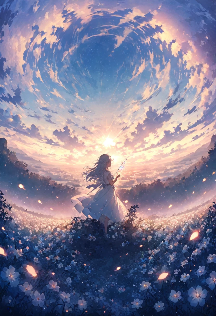 Blue sky, white clouds floating in the distance, a standing on a flower sea, holding a fairy wand in her hand to summon flying fireflies around her. The background is full of large and small cloud flowers, creating an atmosphere of fantasy and dreamy blue tones. In the style of a high definition anime, with high resolution. A panoramic view from above, capturing the vastness of nature. Soft lighting creates a warm feeling.