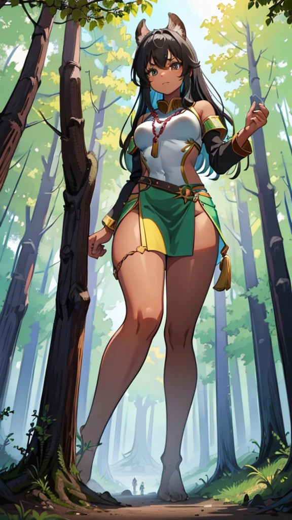 In a forest of large trees there is an even larger Amazonian giantess, with brown skin, black hair, thin, with clothes of the forest, and with very long legs, she is looking for small human invaders of the forest to destroy them so that they do not disturb the peace of the forest. Giantess, goddess, hot, black skin, tall legs, sexy, tiny people, tiny humans, crush, forest, trees, standing, group of small people, slim body, angry, gore