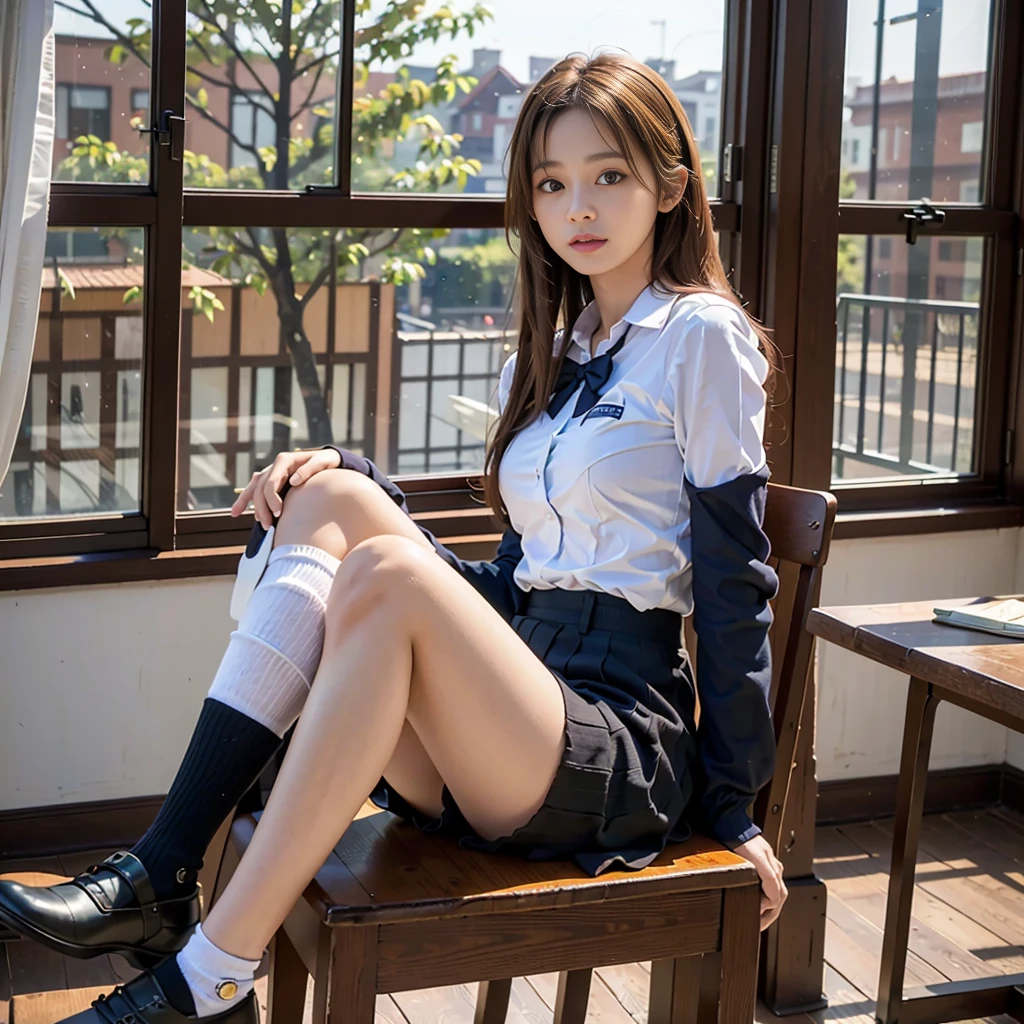 top-quality、A high resolution、ultra - detailed、tmasterpiece、RAW photography:2、hentail realism:2、Photorealsitic:2、Extremely Delicately Beautiful、finedetail、 Textured skin、1girl in, (light brown medium hair), ((Girl student uniform)), 18-year-old American student、satisfied look, ((opening legs、Open your legs、Crotch Master、After shooting inside、It's black、The fingers of the hand are precise))、School wooden tables and chairs、blackboards、A residential complex sunk behind a window、Sunset class、At SFW