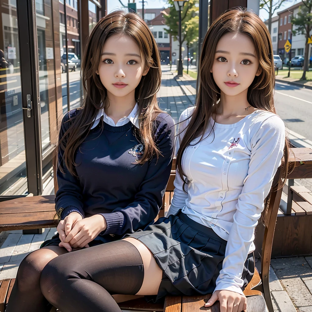 top-quality、A high resolution、ultra - detailed、tmasterpiece、RAW photography:2、hentail realism:2、Photorealsitic:2、Extremely Delicately Beautiful、finedetail、 Textured skin、1girl in, (light brown medium hair), ((Girl student uniform)), 18-year-old American student、satisfied look, ((opening legs、Open your legs、Crotch Master、After shooting inside、It's black、The fingers of the hand are precise))、School wooden tables and chairs、blackboards、A residential complex sunk behind a window、Sunset class、At SFW