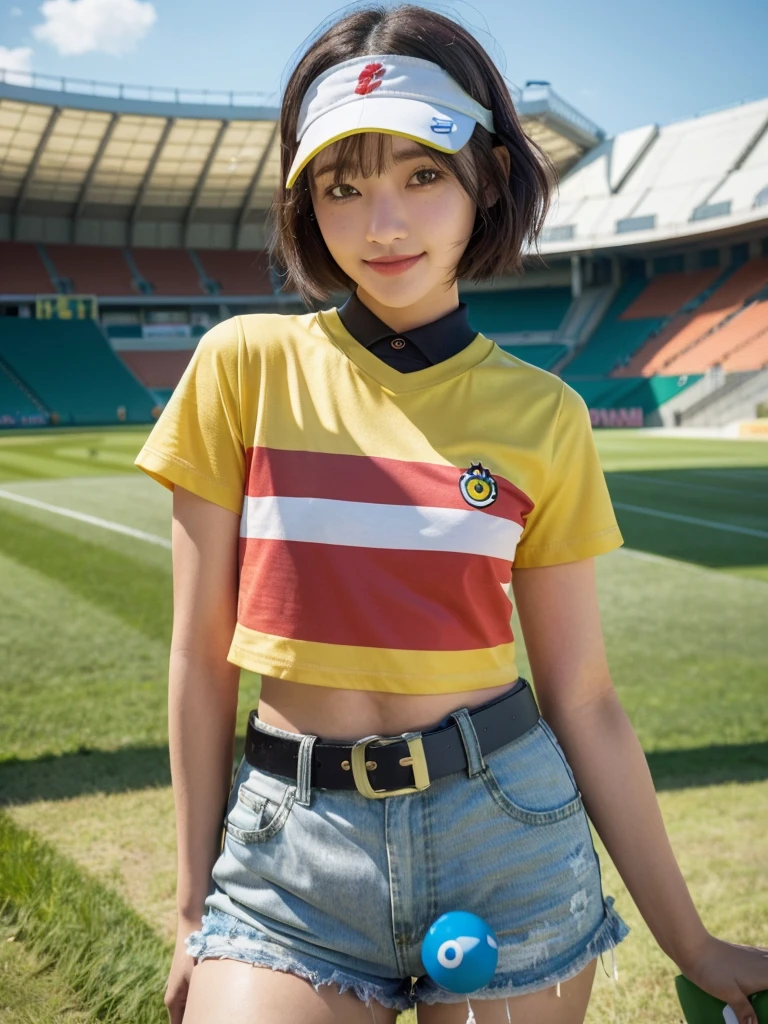 Masterpiece, best quality, high resolution, quiet 1, 1 woman, quiet 1, 1 woman, quiet (pokemon), alone, gray eyes, black hair, green shorts, red crown, shirt, tied shirt,, short hair, short sleeve, shorts, stripes, yellow shirt, belt, middle class shooting, grass, stadium, smile, stand,