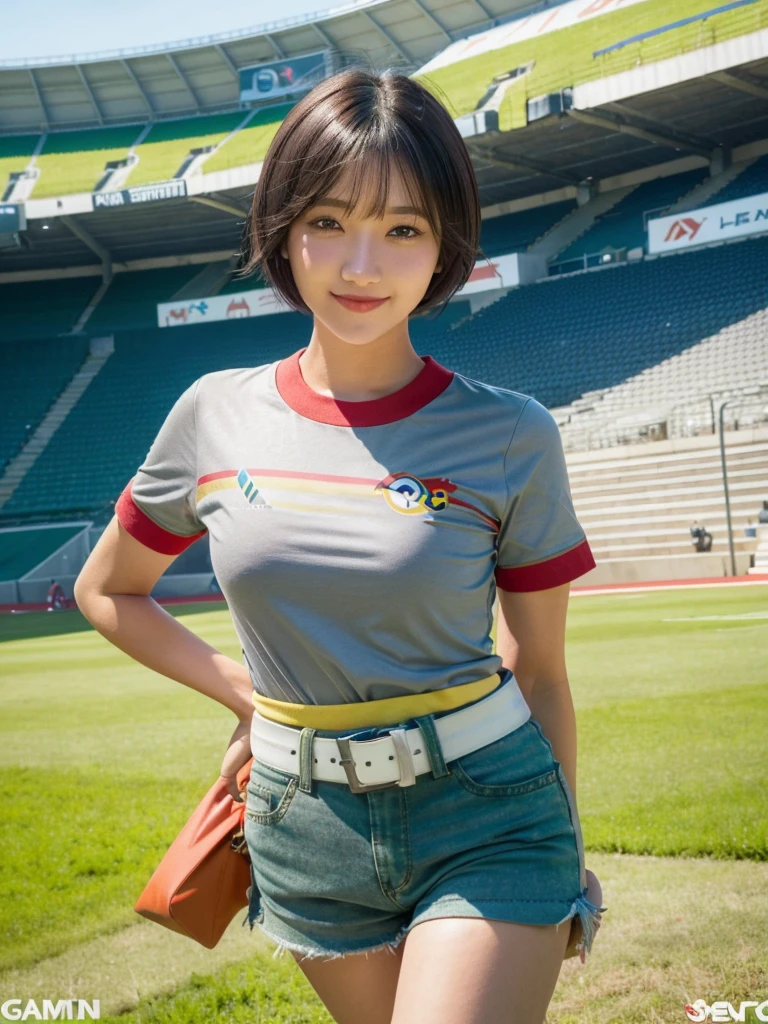Masterpiece, best quality, high resolution, quiet 1, 1 woman, quiet 1, 1 woman, quiet (pokemon), alone, gray eyes, black hair, green shorts, red crown, shirt, tied shirt,, short hair, short sleeve, shorts, stripes, yellow shirt, belt, middle class shooting, grass, stadium, smile, stand,