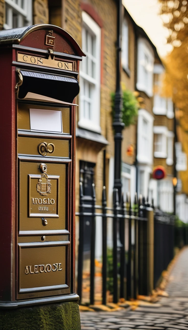 Create a poster background using a long shot photography technique. Focus on a British-style mailbox situated on a street, surrounded by numerous letters and parcels.