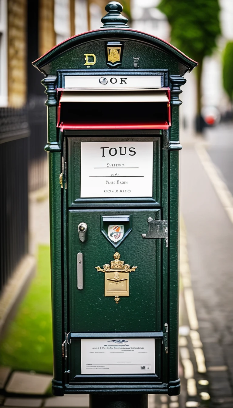 Create a poster background using a long shot photography technique. Focus on a British-style mailbox situated on a street, surrounded by numerous letters and parcels.