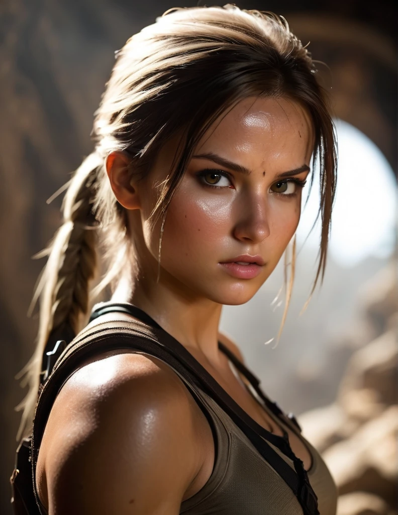 very attractive 25 year old girl with long platinum blonde hair, photorealistic Realism 8K, 16K, Quality: (Hyper absurd quality, extremely detailed detail, hyper resolution, clear sharp focus, not blurry, Realistic brown_eyes), ((perfect dark_eyeshadows:1.45)), (super Detailed, beautiful little nose:1.2), (perfect composition), (lara croft Cosplay), incredibly similar to the original outfit from the tomb raider movie, dynamic stance, face focused on the target in the distance, ready to fight, (full body shot), (close up of her face), beautiful cheekbones, double eyelids, dslr, best high quality soft lighting, sharp focus captured by Fujifilm XT3, f 5.6, in a dramatic lighting, ((perfect composition)), ((pale skin)), ((dry skin))