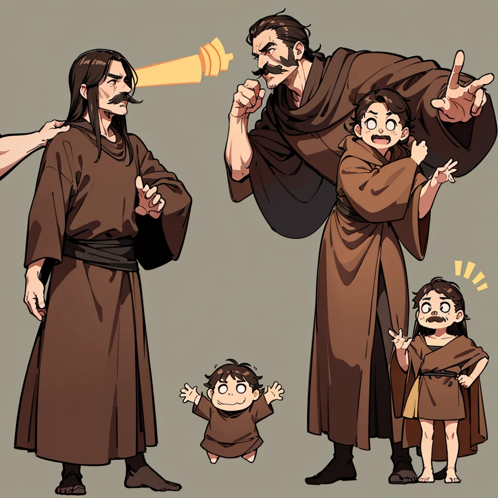 (Full body character concept、Various poses、10 people)、Highest quality, Best Quality,Best illustrations、middle ages、(((Simple brown robe)))、(40-year-old uncle、mature、Kaiser moustache、Hair length to shoulders)、(Open your mouth、smile)、Dramatic Angle、Movement angle、(From the side、profile)、Run、dash