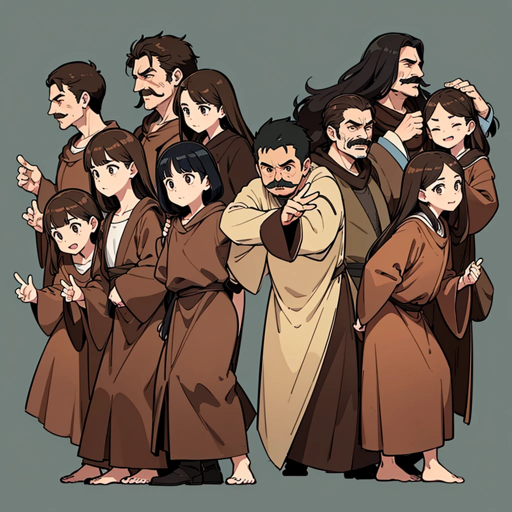 (Full body character concept、Various poses、10 people)、Highest quality, Best Quality,Best illustrations、middle ages、(((Simple brown robe)))、(40-year-old uncle、mature、Kaiser moustache、Hair length to shoulders)、(Open your mouth、smile)、Dramatic Angle、Movement angle、(From the side、profile)、Run、dash