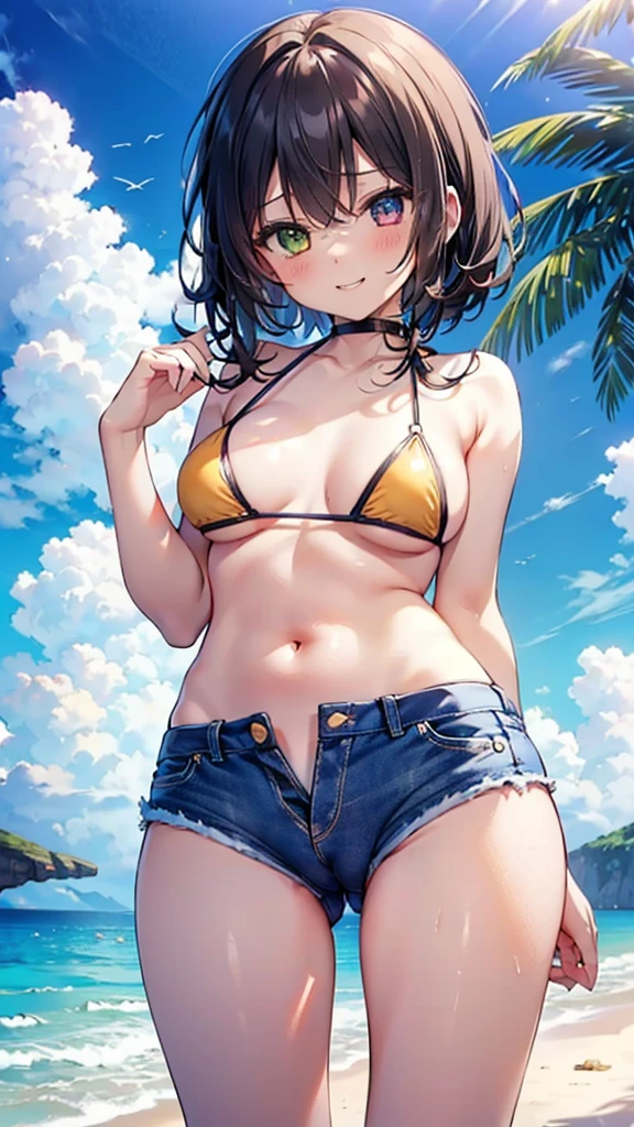 (8K、Highest quality、Highest quality、masterpiece)、Detailed face、One Girl、(Brown Skin:1.2)、Long Hair、Blue Right Eye、Yellow Left Eye、Heterochromia、Grin、(Bikini top Only、BikiniTop、Bikini Top、Denim hot shorts、Open Shorts、Unziped shorts、Mini Shorts、No Panties、NoPanties、Sexy pose、Suggestive pose、Spread pussy under shorts、frontal wedgie、wedgie、Spread vagina under shorts)、labia view、Beach、cloud、vagina、Spread Vagina、spread pussy、Big Breasts、