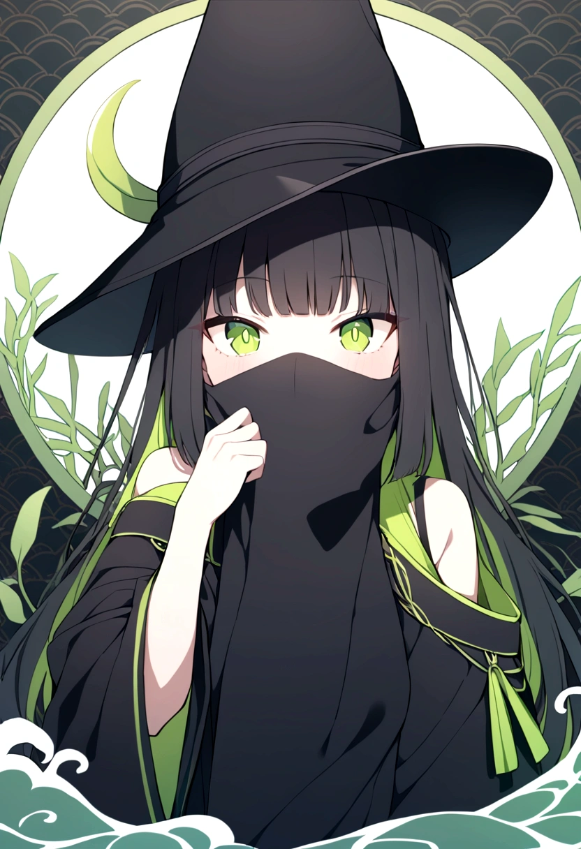 1 gatora, neon green eyes, black long straigh hair with bangs, mask covering the mouth and nose, black samurai hat, green aurea around the body, 1 green sickle on the shore