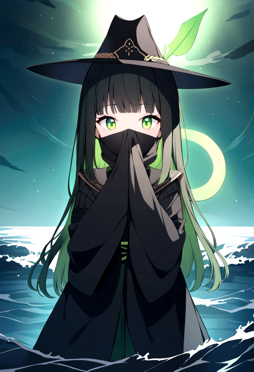 1 gatora, neon green eyes, black long straigh hair with bangs, mask covering the mouth and nose, black samurai hat, green aurea around the body, 1 green sickle on the shore