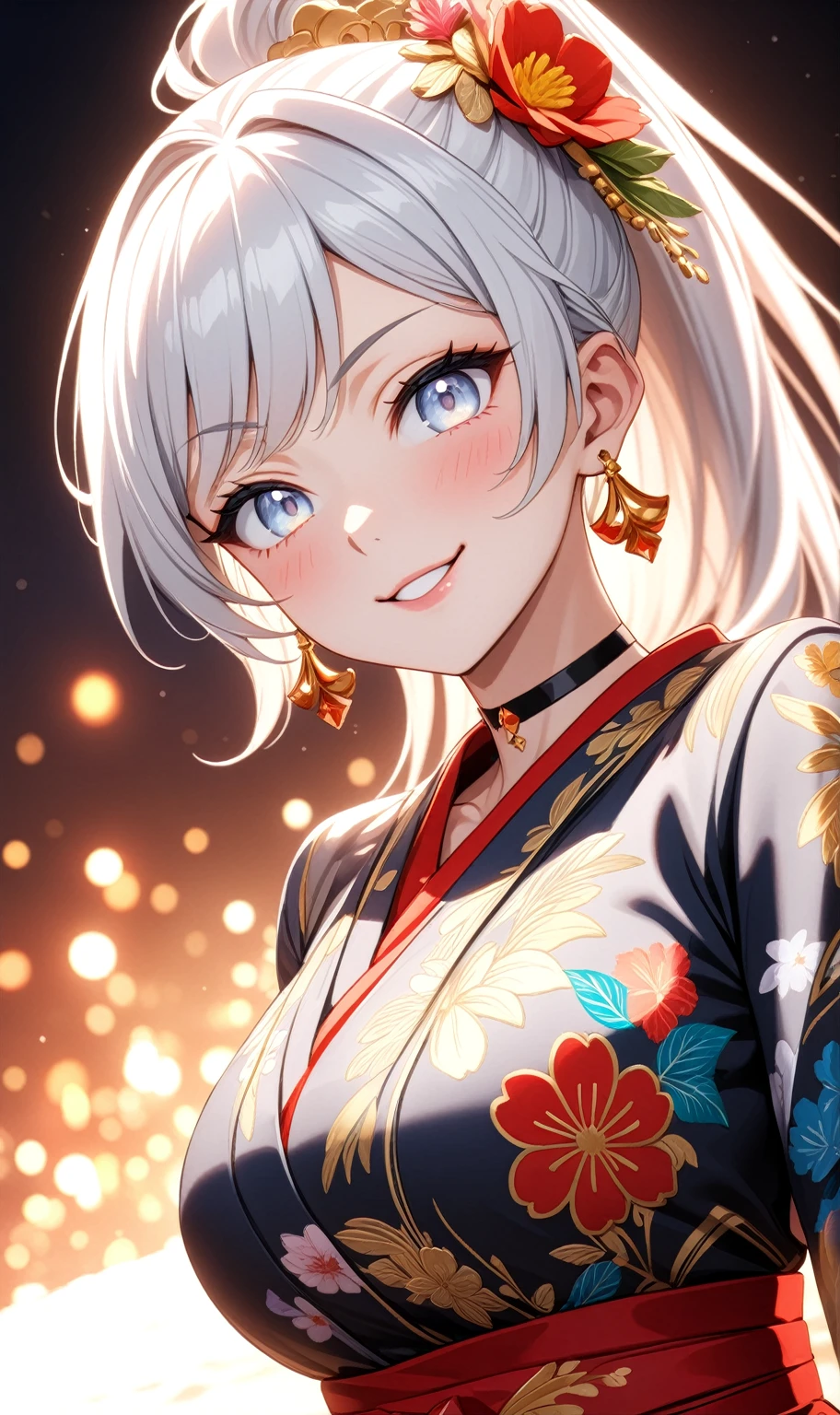 ((One personの女性)), Beautiful Face, ((smirk)), (head tilt), ((Wink:1.7)), Laugh with your mouth wide open,((Bright red cheeks:1.4)),Shiny red lips,night,coastal,You can see the ocean, firework,Laughing with your mouth open,Glossy pink lips,Facial lighting,((Anime style background)),masterpiece, Highest quality, so beautiful,up to date, Complex details, (Pink long nails), (4fingers and 1thumbs), (ring),(bracelet),(choker),AI-generated, Complex,High resolution, Highest quality, super high quality,3D Images、3D Images,One person,Long white hair,High Ponytail,(blue eyes),Anime woman posing for a photo, ((Fine grain、Silvery white colorful eyes、Shining Eyes:1.3)),(Squint your eyes:1.1),a hyperRealistic , hyperRealistic , Realistic,Anime woman with long white hair, Smooth anime CG art, A woman in a colorful kimono with gold embroidery, (Black long sleeve kimono),Red floral pattern,Long flower hair ornament,Earrings,Mature Body,(Big Breasts:1.1),Tall,Abdominal muscles,Narrow waist,(Zoom up to face:1.6)(dutch angle),(front view),