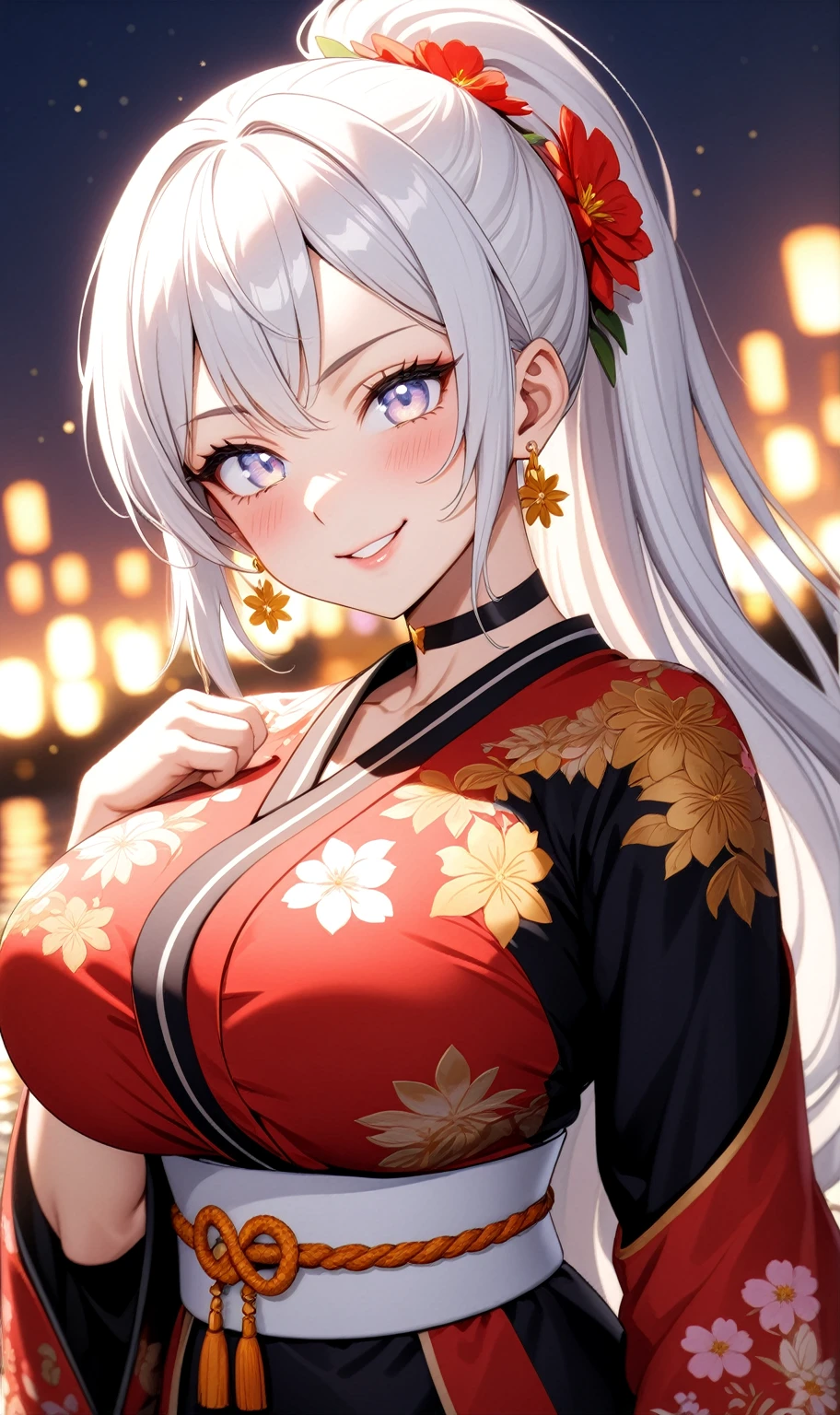 ((One personの女性)), Beautiful Face, ((smirk)), (head tilt), ((Wink:1.7)), Laugh with your mouth wide open,((Bright red cheeks:1.4)),Shiny red lips,night,coastal,You can see the ocean, firework,Laughing with your mouth open,Glossy pink lips,Facial lighting,((Anime style background)),masterpiece, Highest quality, so beautiful,up to date, Complex details, (Pink long nails), (4fingers and 1thumbs), (ring),(bracelet),(choker),AI-generated, Complex,High resolution, Highest quality, super high quality,3D Images、3D Images,One person,Long white hair,High Ponytail,(blue eyes),Anime woman posing for a photo, ((Fine grain、Silvery white colorful eyes、Shining Eyes:1.3)),(Squint your eyes:1.1),a hyperRealistic , hyperRealistic , Realistic,Anime woman with long white hair, Smooth anime CG art, A woman in a colorful kimono with gold embroidery, (Black long sleeve kimono),Red floral pattern,Long flower hair ornament,Earrings,Mature Body,(Big Breasts:1.1),Tall,Abdominal muscles,Narrow waist,(Zoom up to face:1.6)(dutch angle),(front view),