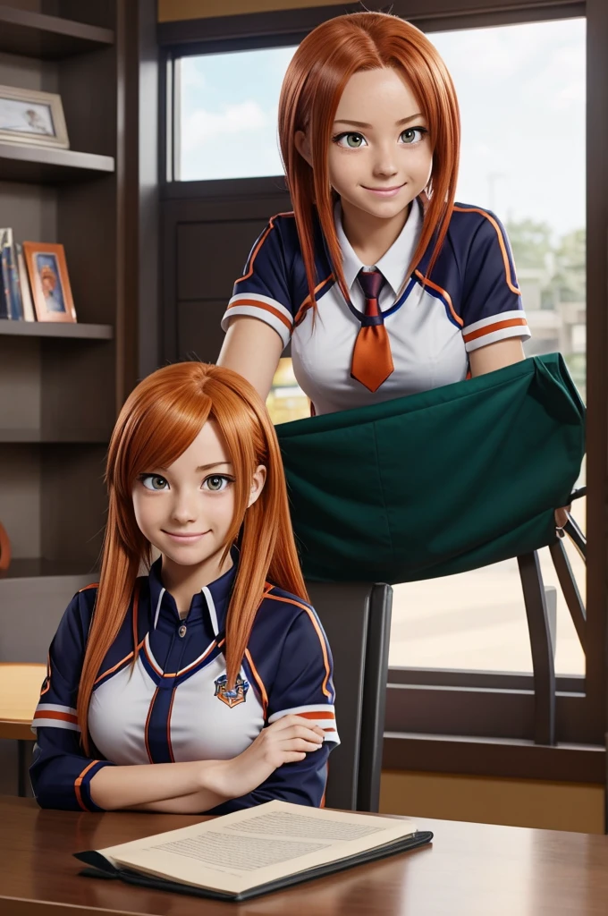 Screenshot of My Hero Academia Anime girl with straight copper-colored hair has dark orange eyes and has a friendly expression. She is wearing the UA uniform and in the background she has a UA school class and she is sitting at a table