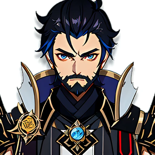 . Simple white background, male character Genshin Impact, unique character, serious look, Hyacinthe Rigaud style, black suite, short black hair, beard, visual novel, detailed black armor, high quality, cinematic, dramatic pose, intricate details, vibrant colors, artwork -prima, Genshin Impact