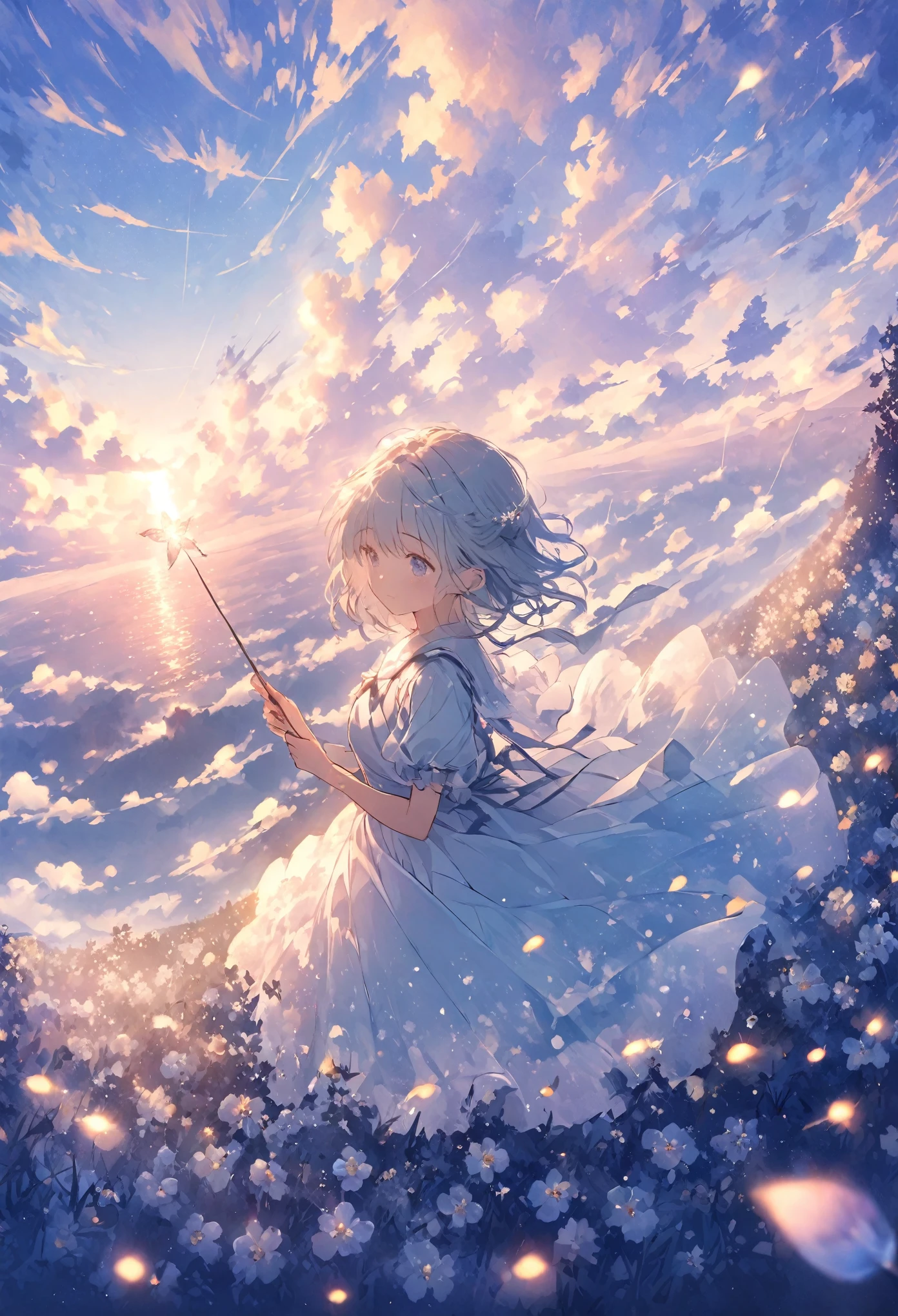 Blue sky, white clouds floating in the distance, a standing on a flower sea, holding a fairy wand in her hand to summon flying fireflies around her. The background is full of large and small cloud flowers, creating an atmosphere of fantasy and dreamy blue tones. In the style of a high definition anime, with high resolution. A panoramic view from above, capturing the vastness of nature. Soft lighting creates a warm feeling.
