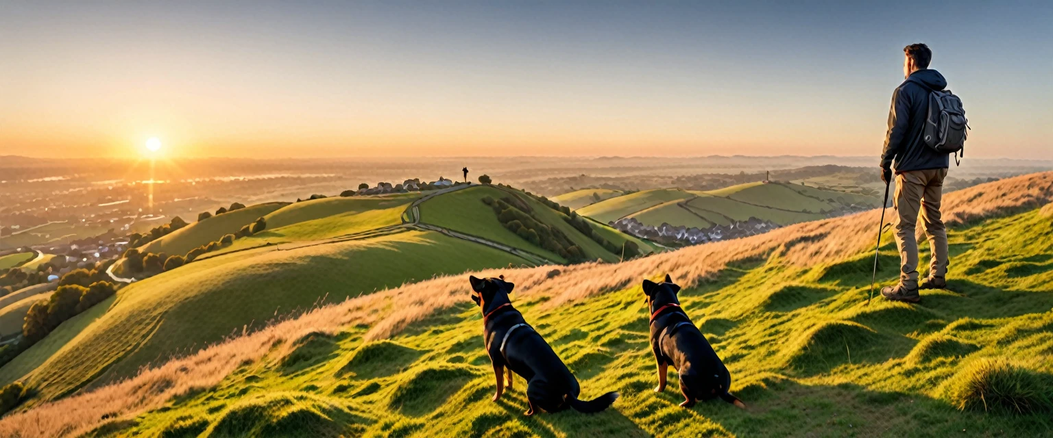 score_9, score_8_up, score_7_up, source_photo, photography, realistic, detailed, 8k, dynamic angle, rating safe, (((ultra wide shot))), Sunrise, a man with a dog standing on hill, 