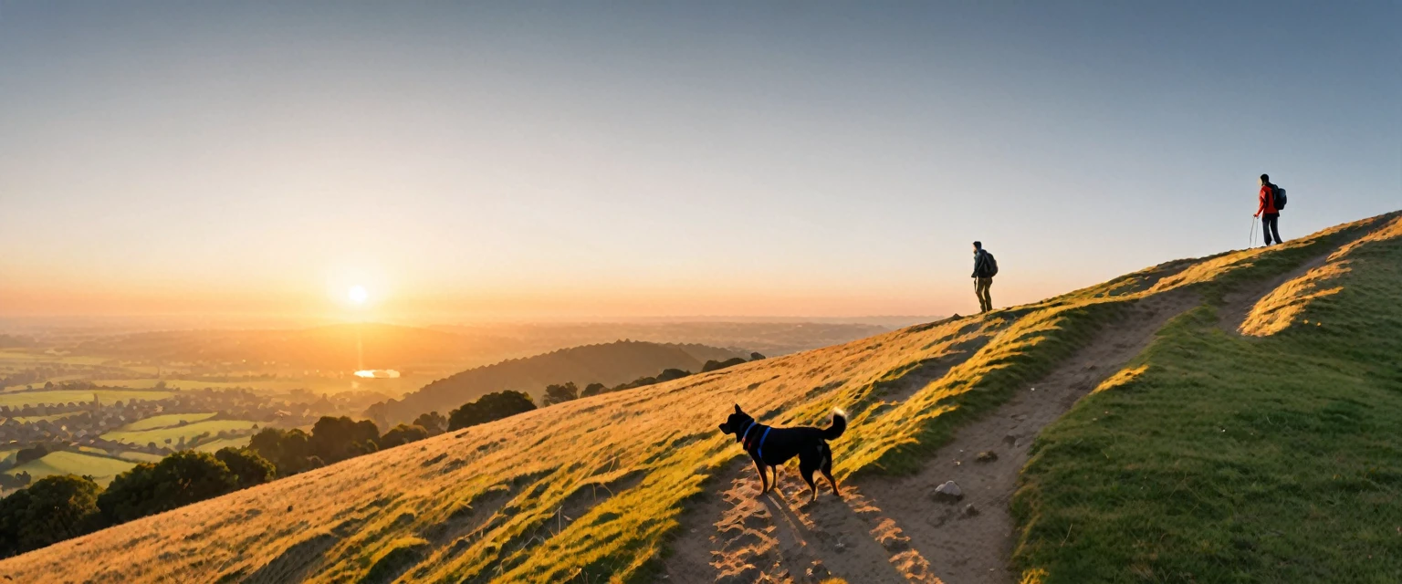 score_9, score_8_up, score_7_up, source_photo, photography, realistic, detailed, 8k, dynamic angle, rating safe, (((ultra wide shot))), Sunrise, a man with a dog standing on hill, 