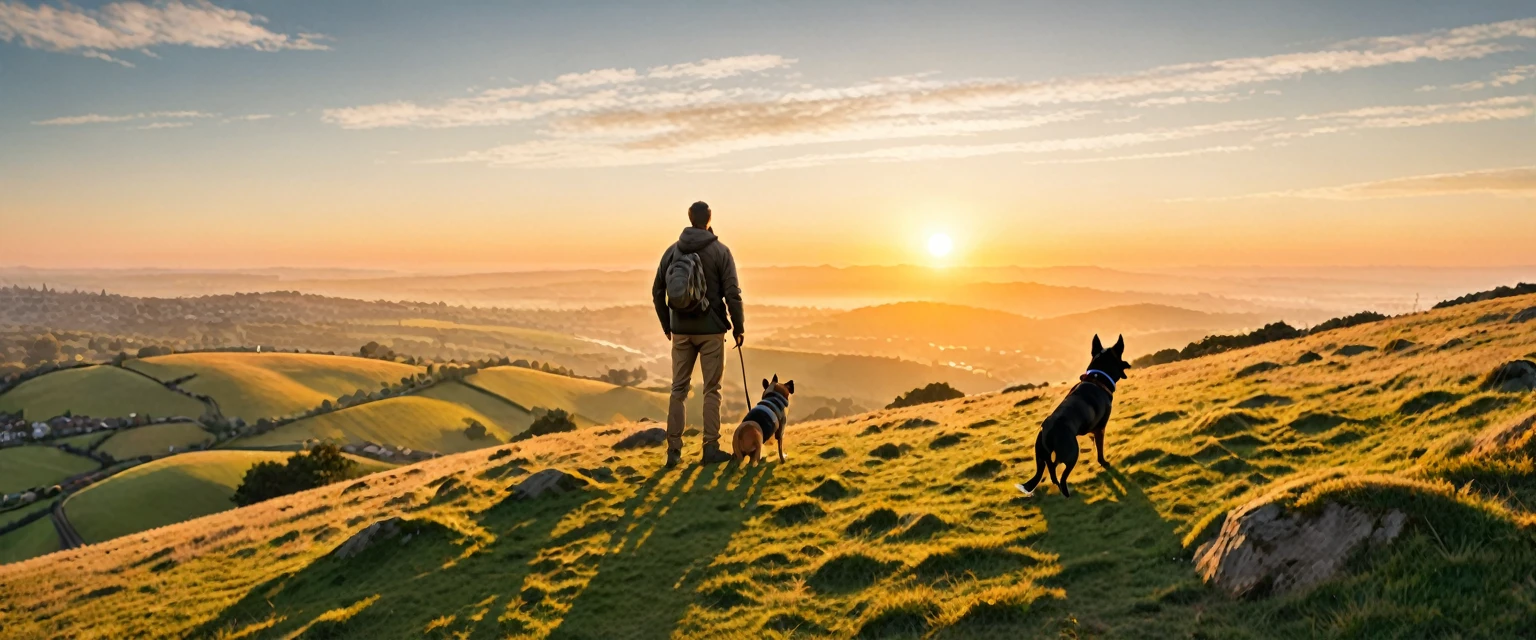 score_9, score_8_up, score_7_up, source_photo, photography, realistic, detailed, 8k, dynamic angle, rating safe, (((ultra wide shot))), Sunrise, a man with a dog standing on hill,