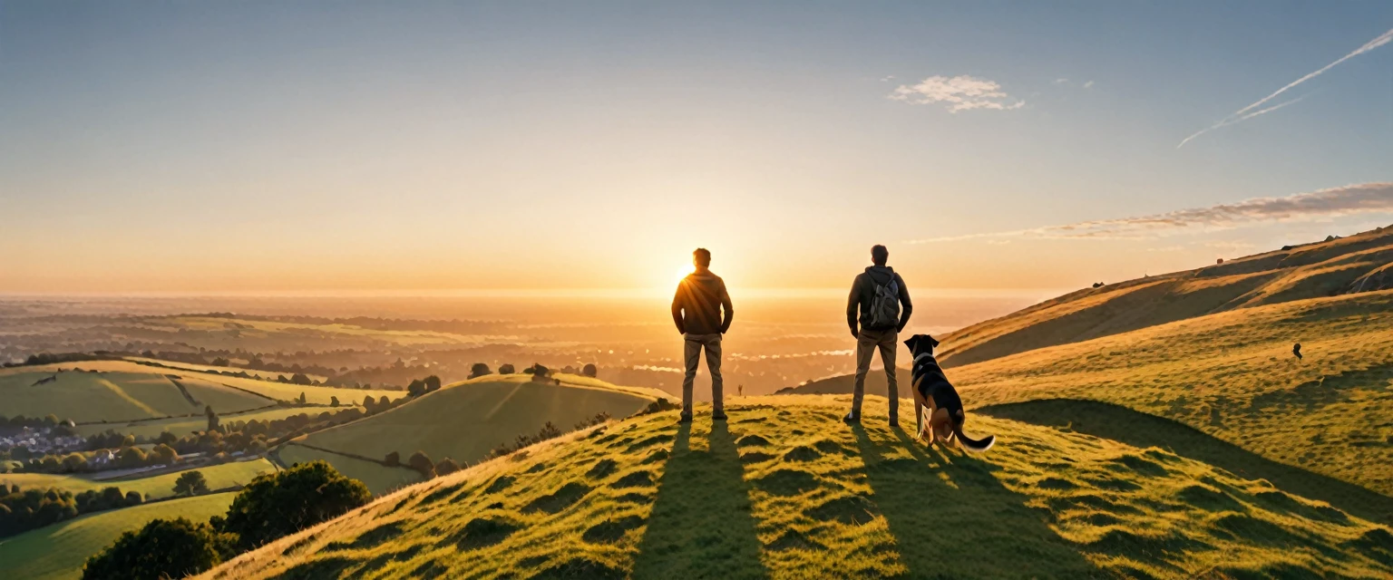 score_9, score_8_up, score_7_up, source_photo, photography, realistic, detailed, 8k, dynamic angle, rating safe, (((ultra wide shot))), Sunrise, a man with a dog standing on hill, 