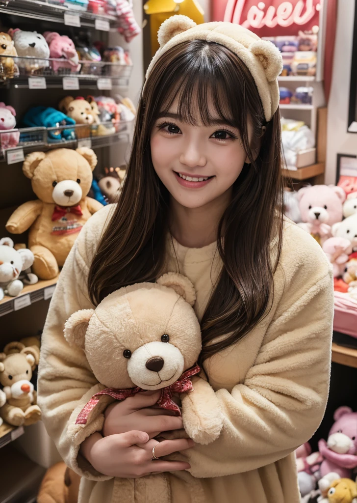 (Realistic, photo-Realistic:1.37),(8K, RAW Photos, Highest quality, masterpiece:1.2), cute, Ultra-detailed, 超High resolution, Kodak Vision Color, Filmed with an Arricam LT camera,Highest quality, Lively, 8K, High resolution, 1 girl, Escape, (Professional Lighting), (Portraiture:0.6), Black Hair, (Medium Hair),21 years old、slender、Toy store、Surrounded by lots of stuffed toys、There are lots of stuffed toys around、Teddy bear、teddy bear、Hug the stuffed animal、Pastel color wallpaper、Long Hair, Modern photography, wear (bear costume), (Portraiture), cutebear costumeに身をつけて, Super soft light brown plush fabric, debtわdebtわフード, cuteクマの頭巾, (35mm, debt/2.8) Photo , Aperture, Highly detailed and exquisite, character, Hypermaximalist, beautiful, reveal, Charm, Charm, Affectionate, Ultra-realistic, Very detailed, beautiful woman, ((Fine grain)), Long eyelashes, (Glossy Lips), laugh、