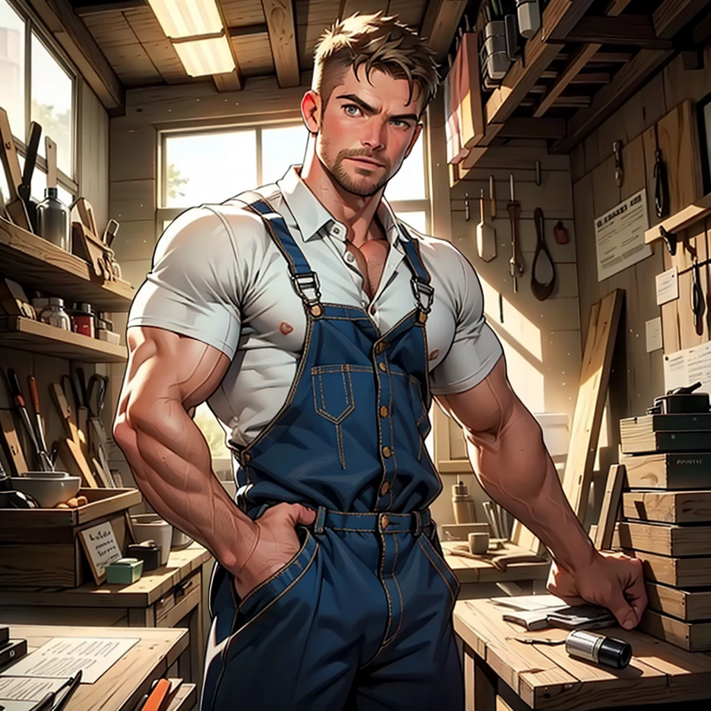 masterpiece, best quality, face, natural eyes, 1man, macho man,, muscled and mature, stephen amell as a carpenter wearing totally unbuttoned overall, sweating, tight cloth showing his muscles and bulge , full body , background wood workshop , woodwork of chairs , tools , wood parts , volumetric dynamic bright light .....
