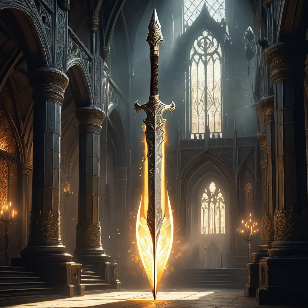 Visualize a medieval fantasy spear standing upright in a grand hall, its presence radiating an aura of ancient power and valor. The spear's shaft is crafted from dark, sturdy wood, adorned with silver inlays and intricate carvings that tell tales of epic battles and legendary heroes. The gleaming blade at the tip is forged from a rare, enchanted metal, shimmering with a subtle, otherworldly light. Surrounding the spear are banners and tapestries depicting scenes of glory and conquest, while flickering torches cast a warm, golden glow. Capture the sense of awe and reverence that this majestic weapon inspires, symbolizing honor, bravery, and the timeless legacy of a medieval fantasy realm."