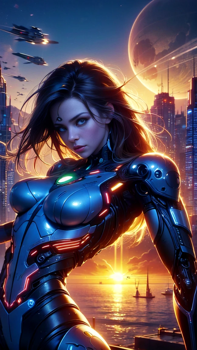 top quality, future world, State-of-the-art robot, (Beautiful Woman look at the sun), flying hair, Transformed into a cyborg except for the face,  Transformed into a cyborg except for the shoulder, sexy images, whole body photo, ((sunrise time))