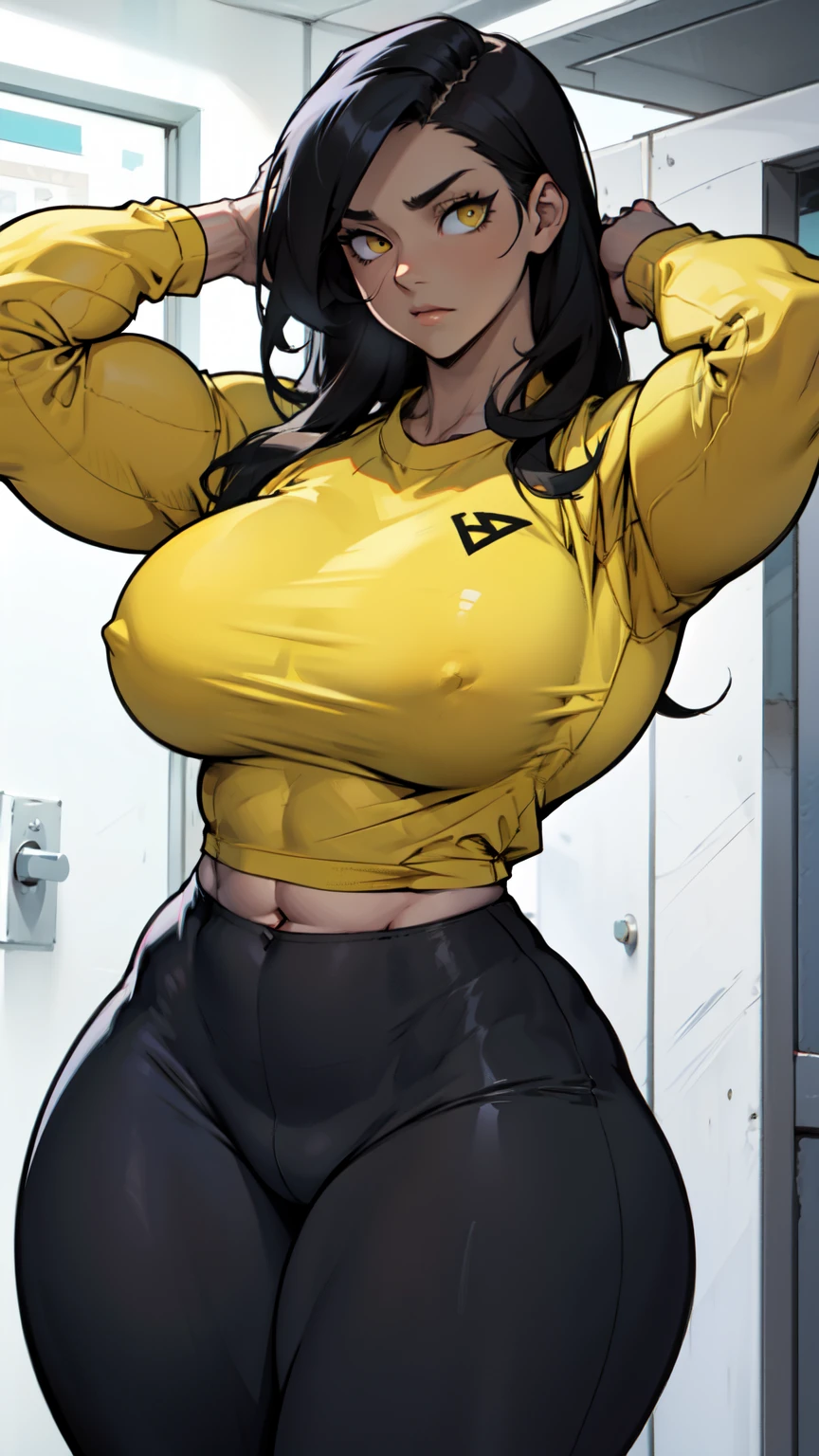 huge muscles breasts thick thick thick thick thick thick thick pale skin black hair yellow eyes depressed female tight shirt and leggings long sleeve