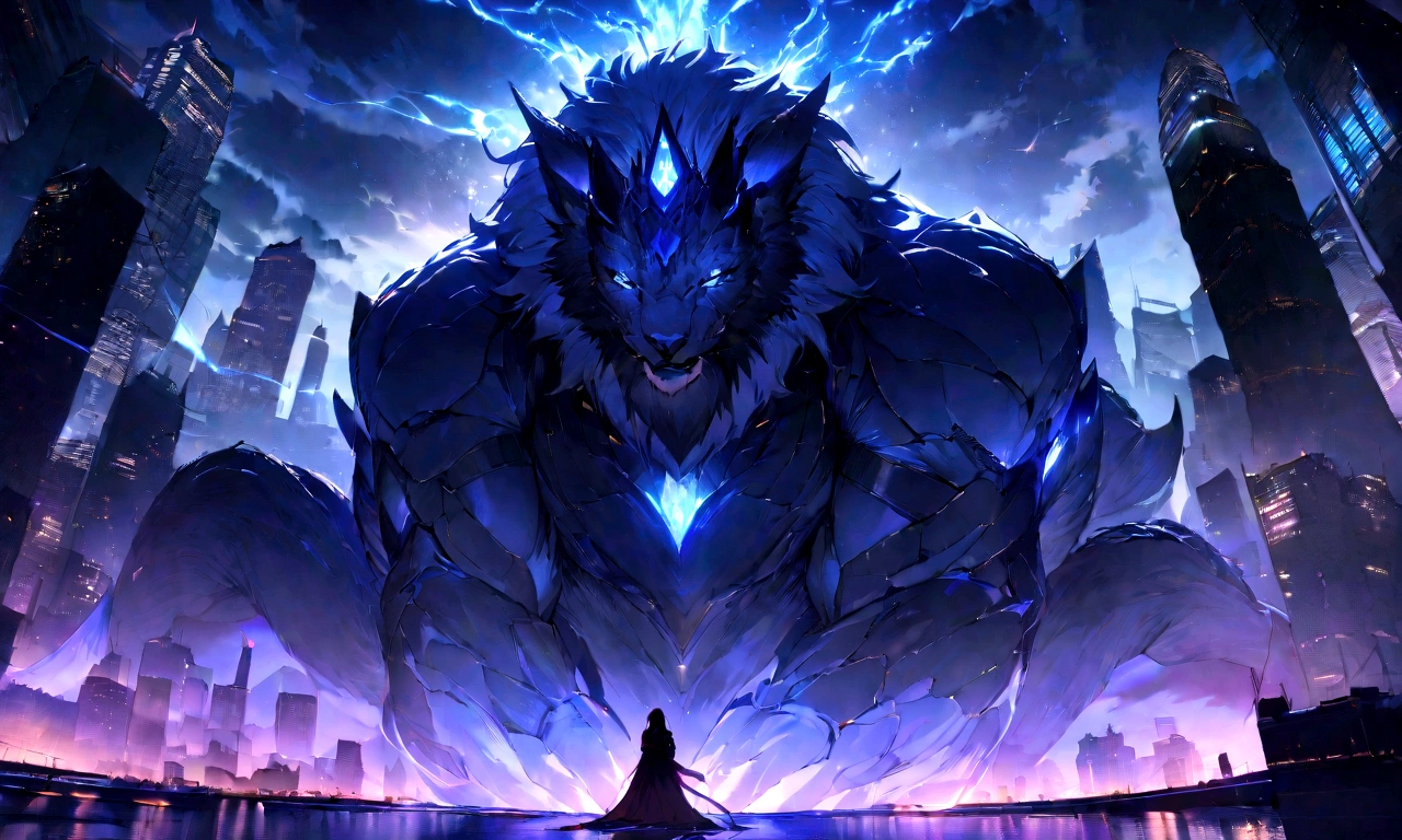 ((masterpiece, Highest quality, Best image quality, High resolution))Giant lion demon、 Glowing blue eyes and advanced cybernetic enhancements. Giant lion demonはダイナミックなアクションポーズで見られます, Neon-lit rooftop, reflection on a smooth surface. The cityscape below is filled with towering skyscrapers.,  Shining with blue energy, Mighty power. The overall atmosphere is dark and mysterious., It had a futuristic techno vibe.. The lighting is dramatic, Intense highlights and deep shadows, Creates depth and tension. Color Palette、Dark clouds gather in the sky、