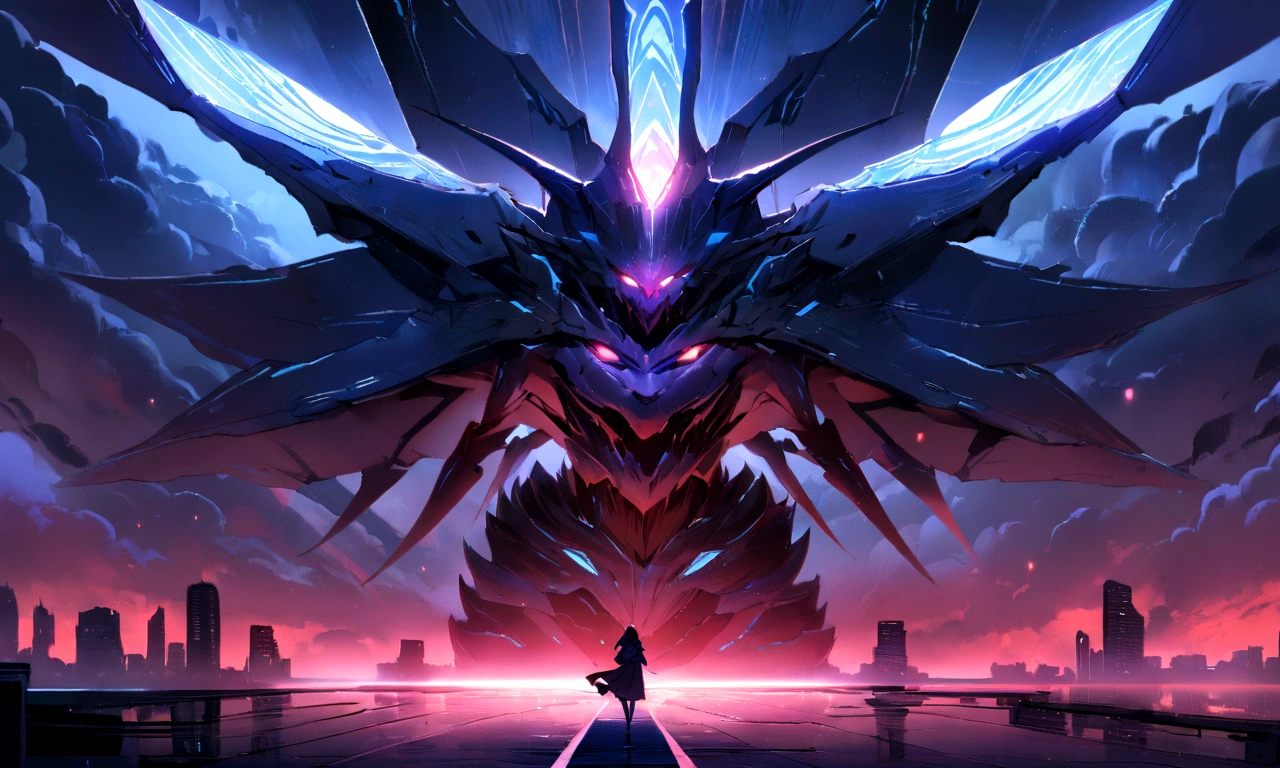 ((masterpiece, Highest quality, Best image quality, High resolution))Giant lion demon、 Glowing blue eyes and advanced cybernetic enhancements. Giant lion demonはダイナミックなアクションポーズで見られます, Neon-lit rooftop, reflection on a smooth surface. The cityscape below is filled with towering skyscrapers.,  Shining with blue energy, Mighty power. The overall atmosphere is dark and mysterious., It had a futuristic techno vibe.. The lighting is dramatic, Intense highlights and deep shadows, Creates depth and tension. Color Palette、Dark clouds gather in the sky、