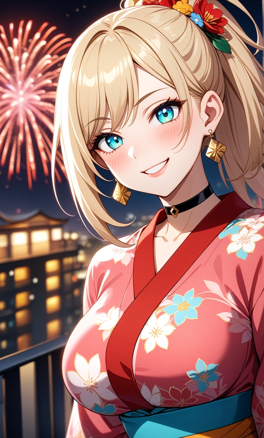 ((One personの女性)), Beautiful Face, ((smirk)),((Wink:1.6)), head tilt, Laugh with your mouth wide open,((Bright red cheeks:1.4)),Shiny red lips,night,rooftop,You can see the ocean, firework,Laughing with your mouth open,Glossy pink lips,Facial lighting,((Anime style background)),masterpiece, Highest quality, so beautiful,up to date, Complex details, (Pink long nails),(ring),(bracelet),(choker),AI-generated, Complex,High resolution, Highest quality, super high quality,3D Images、3D Images,One person,Long blonde hair,High Ponytail,(turquoise blue eyes),Anime woman posing for a photo, ((Fine grain、Colorful eyes、Shining Eyes:1.3)),(Squint your eyes:1.1),a hyperRealistic , hyperRealistic , Realistic,Anime woman with long white hair, Smooth anime CG art, A woman in a colorful kimono with gold embroidery, (Pink long sleeve kimono),Red floral pattern,Long flower hair ornament,Earrings,Mature Body,(Big Breasts:1.1),Tall,Abdominal muscles,Tight waist,(Zoom up to face:1.6),(dutch angle),(front view),