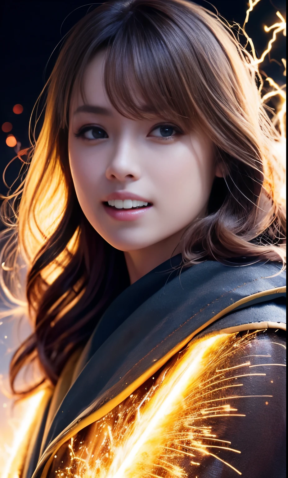 (Skin Dentition:1.5), Realistic, Realistic, (masterpiece:1.5), Concept Art, Intricate details, Very detailed, Realistic, Octane Rendering, 8K, Unreal Engine, Dynamic pose, Highest quality, High resolution, (Realistic Face:1.1), (超Realisticな:1.1), ((full_body)), Perfect Eyes,(Shiny skin:1.2), (((Hairstyle))), (((Perfect hands))), (Very detailed背景), ((Dynamic Background)), ((lightning)), (light), ((One girl)), Wearing a cape, (((Big archangel wings on his back))), ((Fine grain, High quality eyes, High quality face)), (god々しいギリシャgod話に出てきそうな女godの衣装), (アポロンgod殿),(magical robes), short hair, casting lightning, electricity, Swirling Flames, Radiation Force, spark, cigarette, magic, ((dramatic)), amazing, battlefield, Depth of written boundary, Deep depth of field bokeh, 4K, Gothic, human, particle