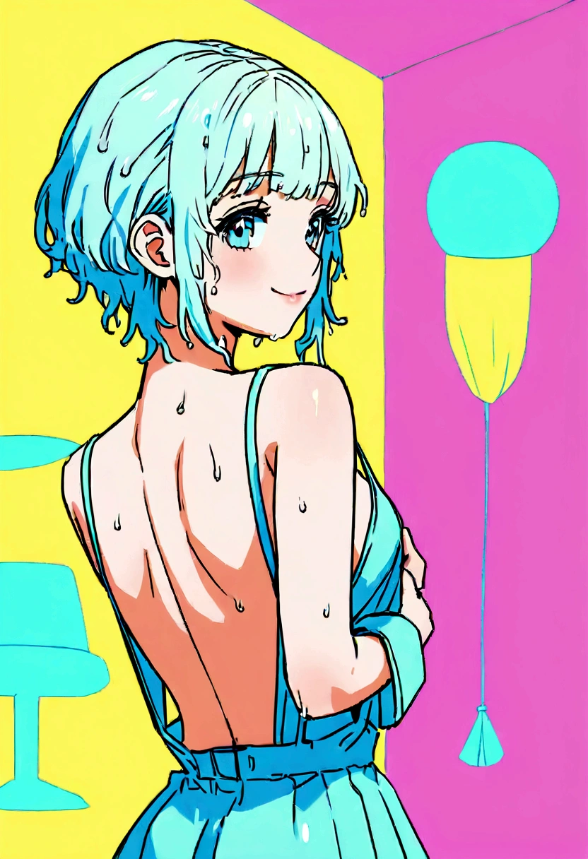 "Picture quality: 8K (Best quality standard: 1.2), Art style: Practical, Reality Factor: 1.37, clear: Ultra HD, theme: Teenage Girl (16 years old) Back,  Wet hair, context: In the great Dalcefor,Neon Colors, Happy smile, Korean White 