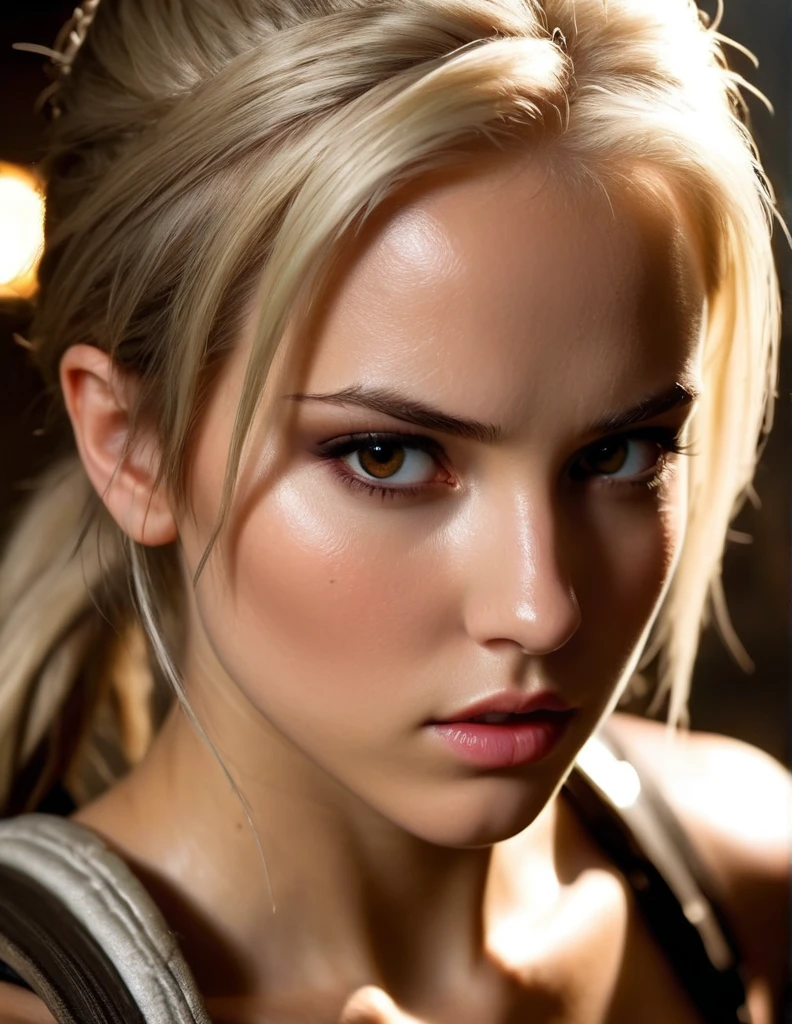 very attractive 25 year old girl with long platinum blonde hair, photorealistic Realism 8K, 16K, Quality: (Hyper absurd quality, extremely detailed detail, hyper resolution, clear sharp focus, not blurry, Realistic brown_eyes), ((perfect dark_eyeshadows:1.45)), (super Detailed, beautiful little nose:1.2), (perfect composition), (lara croft Cosplay), incredibly similar to the original outfit from the tomb raider movie, dynamic stance, face focused on the target in the distance, ready to fight, (full body shot), (close up of her face), beautiful cheekbones, double eyelids, dslr, best high quality soft lighting, sharp focus captured by Fujifilm XT3, f 5.6, in a dramatic lighting, ((perfect composition)), ((pale skin)), ((dry skin)), platinum blonde hair