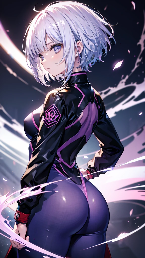 profile background, anime girl, serious face, fringe, short white hair, eyes purple, martial arts clothing, high-res portrait, detailed eyes and face, character, fantasy, with a blue dragon behind, advanced urban, looking from behind at viewer, 4K, high resolution