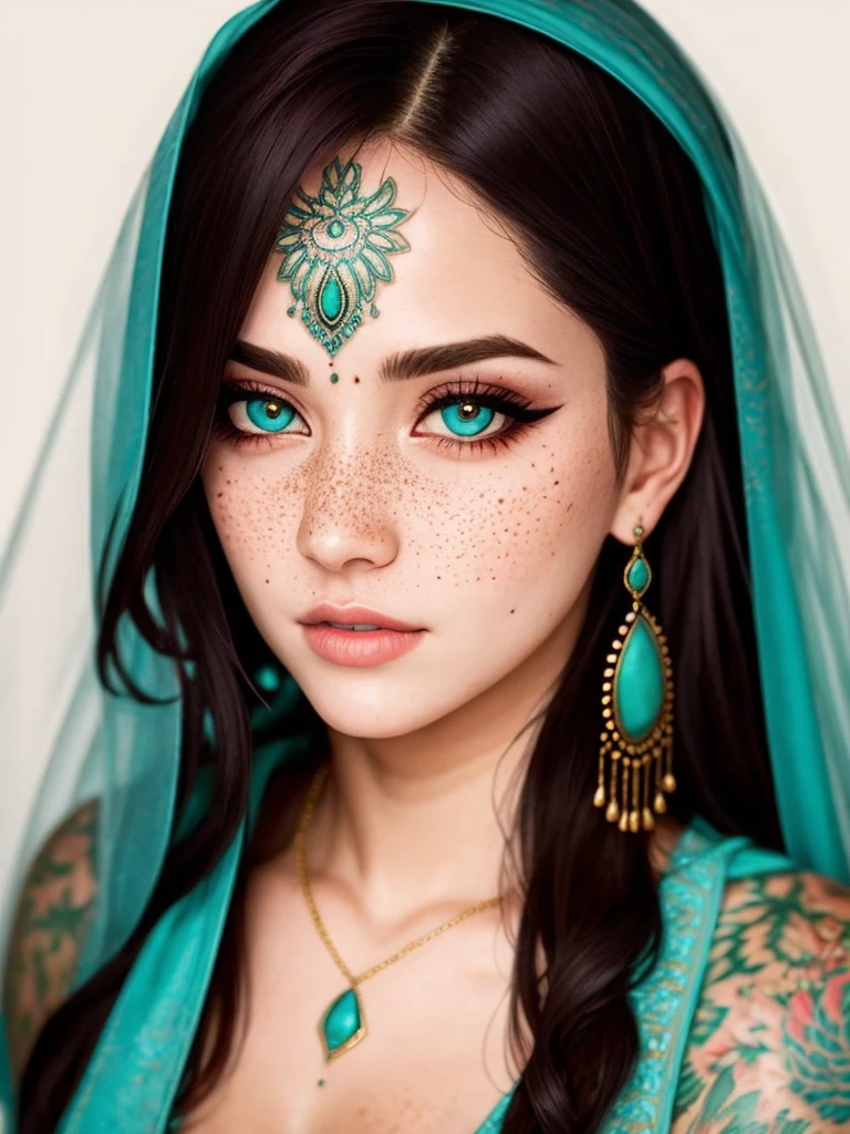 gorgeous eyes, beautiful  face, pale skin, freckles, piercings, tatuados, turquoise eyes, details Intricate, hyper-detailed,