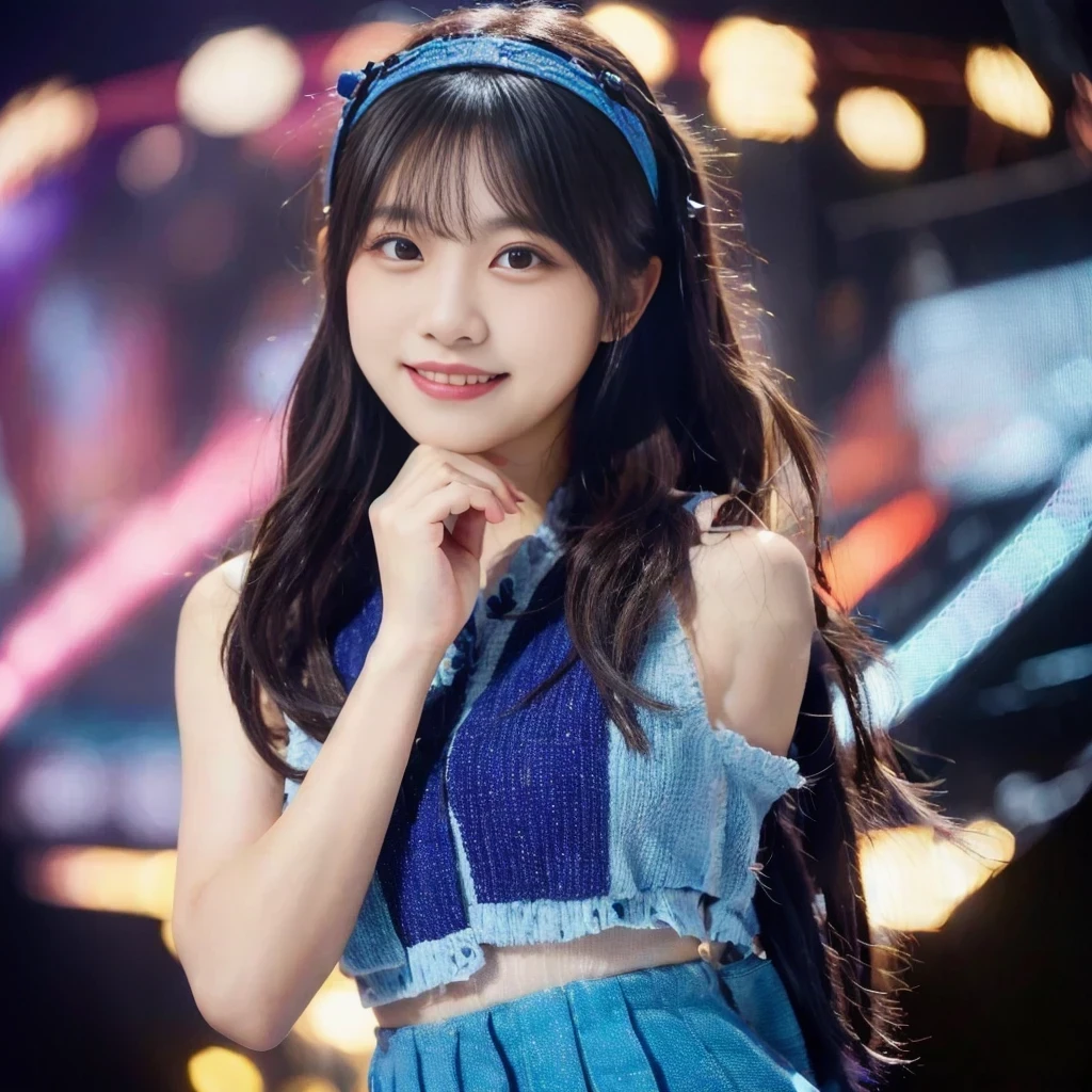 (RAW Photo, Best Quality), (Realistic, Photo Realistic: 1.3), Best Quality, Highly Detailed, Masterpiece, Ultra Detailed, 1 Girl, upper_body, Dynamic Angle, Extremely Detailed CG Unified 8k Wallpaper, Ink, Amazing, Movie upper_body, World Mastery Theater, messy_long_hair, Best Quality, Extremely Detailed CG Unified 8k Wallpaper, Ink, Amazing, Movie Lights, lens_flare, Detailed Face, (Deliberate expression: 1.5), sony master shot, woman posing for photo in front of tv, hi-res screenshot, normal hands, nice studio lighting, vhs screenshot, beautiful fine face, (Japanese age girl idol:1.5), performing on stage, (wearing blue-color idol costume:1.5), black short bob hairstyle, smiling,stage background, stage lights, concert setting, not city background,(wearing a colorful hair accessory)