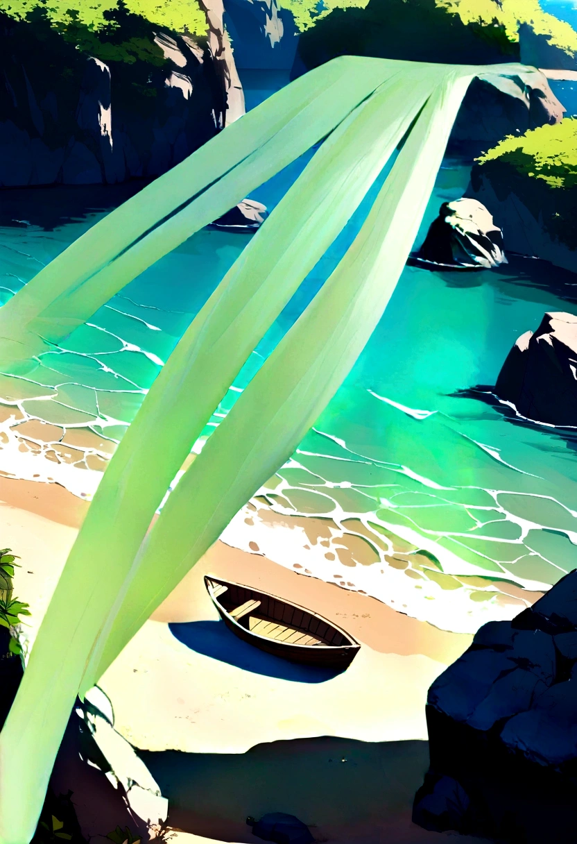 boat hidden between some rocks on a beach
