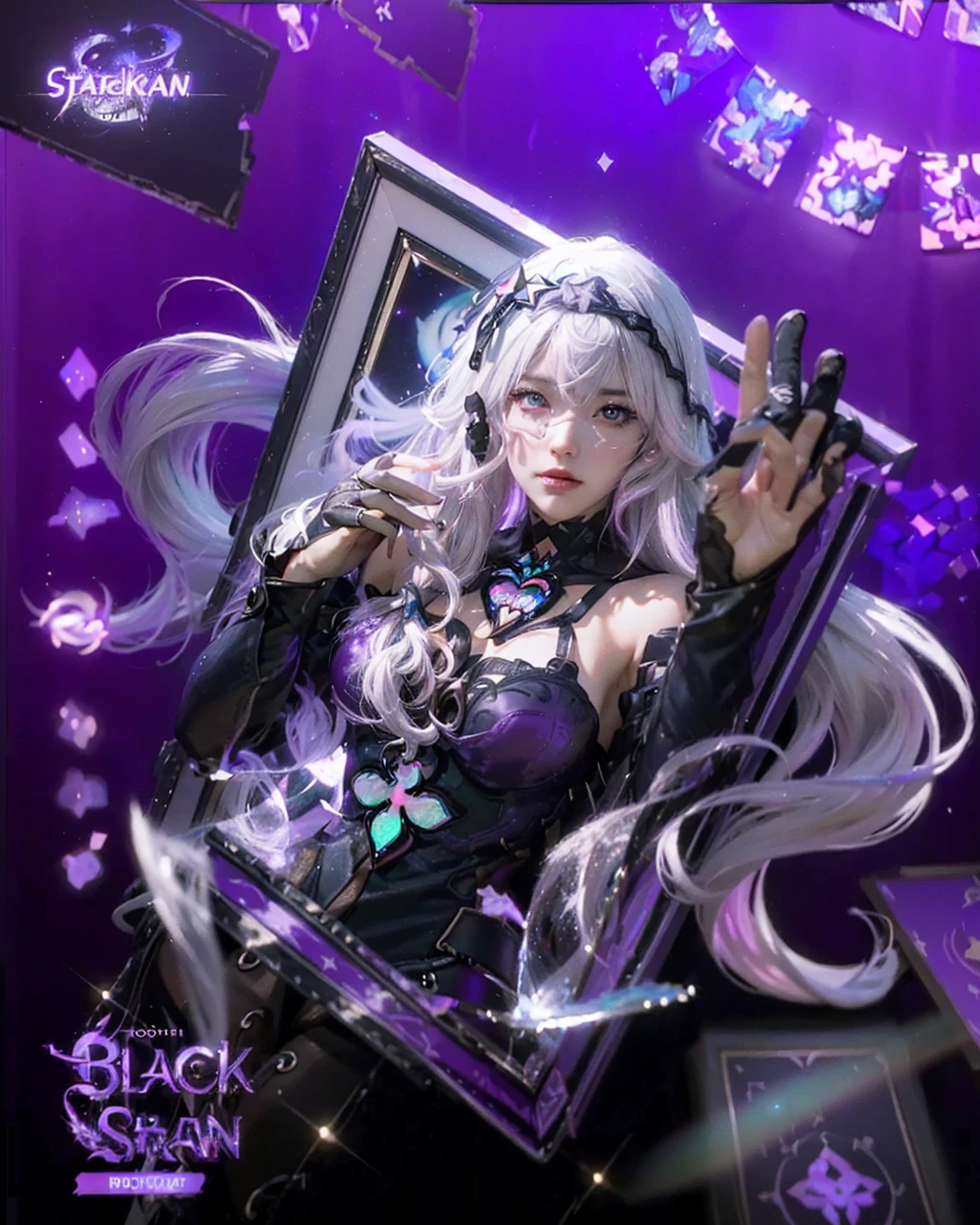 ((BLACK SWAN_HONKAI STARRAIL)),((realistic, photorealistic)),(highlight hair)), Light reflection, (( HD )),((upper body)), (((best quality, masterpiece))), (masterpiece) (best quality) (detail) (8k) (HDR) (wallpaper) (cinematic lighting) (sharp focuasterpiece, best quality: 1.1), Real life adaption of this character, Asian teen beauty face, Shining green eyes, realistic outfit, realistic shadow, realistic light, realism, hyper realistic,realistic hair, realistic background,(photorealistic:1.2), 1girl, glow purple,Gradient black and purple background, broken glass, white hair with white and purple gradations, floating hair, out of the photo frame, hooded,Black Gloves,Motion blur floating cards, glow cards,