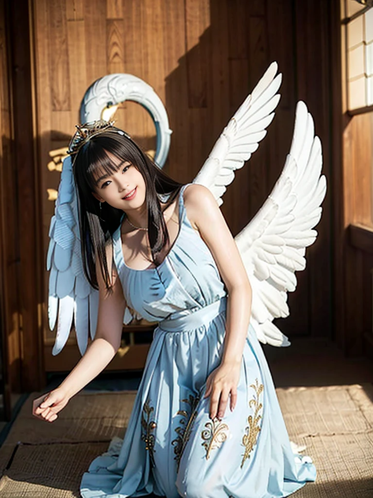 ((Very beautiful angel queen,The final form as a perfect angel, the masterpiece of an angel,Huge and intricate angel wings,The most dignified wings,Golden light,shining background,The most opulent and holy temple background,White and gold temple background,King of Angels,The most dignified angel,Intricate and solemn dresses,Light blue and gold embellishment dress on white,Light blue and gold dress on white base,Complex and majestic angel figure,The most majestic figure of the devil,The most intricately depicted figure of an angel,The World's Most Beautiful,Unimaginable beauties,divine atmosphere,The most intricate and beautiful dresses,Intricate reproduction of the perfect angelic detail,The figure of an unimaginably gorgeous angel,The figure of an unimaginably huge angel)), (((Tyndall effect;1.45))), ((Most beautiful face,Half Japan and half Spanish,The biggest happy smile,Beautiful wavy hair,Black and red hair,The most luxurious and intricate dresses,The biggest smile looking at the camera)),(Elegant standing figure,Fold your hands in front of your navel,)),Chest that seems to burst,Giant wings of angels,The background is the appearance of a perfect angel castle,Masterpiece,8K,very intricate,ultra-detailliert, nsfw