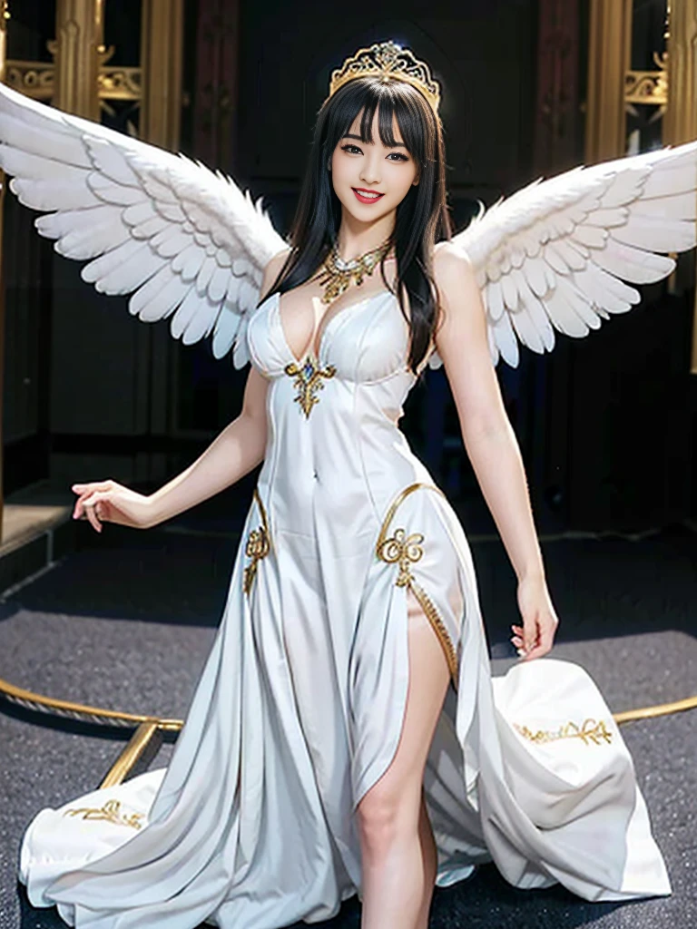 ((Very beautiful angel queen,The final form as a perfect angel, the masterpiece of an angel,Huge and intricate angel wings,The most dignified wings,Golden light,shining background,The most opulent and holy temple background,White and gold temple background,King of Angels,The most dignified angel,Intricate and solemn dresses,Light blue and gold embellishment dress on white,Light blue and gold dress on white base,Complex and majestic angel figure,The most majestic figure of the devil,The most intricately depicted figure of an angel,The World's Most Beautiful,Unimaginable beauties,divine atmosphere,The most intricate and beautiful dresses,Intricate reproduction of the perfect angelic detail,The figure of an unimaginably gorgeous angel,The figure of an unimaginably huge angel)), (((Tyndall effect;1.45))), ((Most beautiful face,Half Japan and half Spanish,The biggest happy smile,Beautiful wavy hair,Black and red hair,The most luxurious and intricate dresses,The biggest smile looking at the camera)),(Elegant standing figure,Fold your hands in front of your navel,)),Chest that seems to burst,Giant wings of angels,The background is the appearance of a perfect angel castle,Masterpiece,8K,very intricate,ultra-detailliert, nsfw