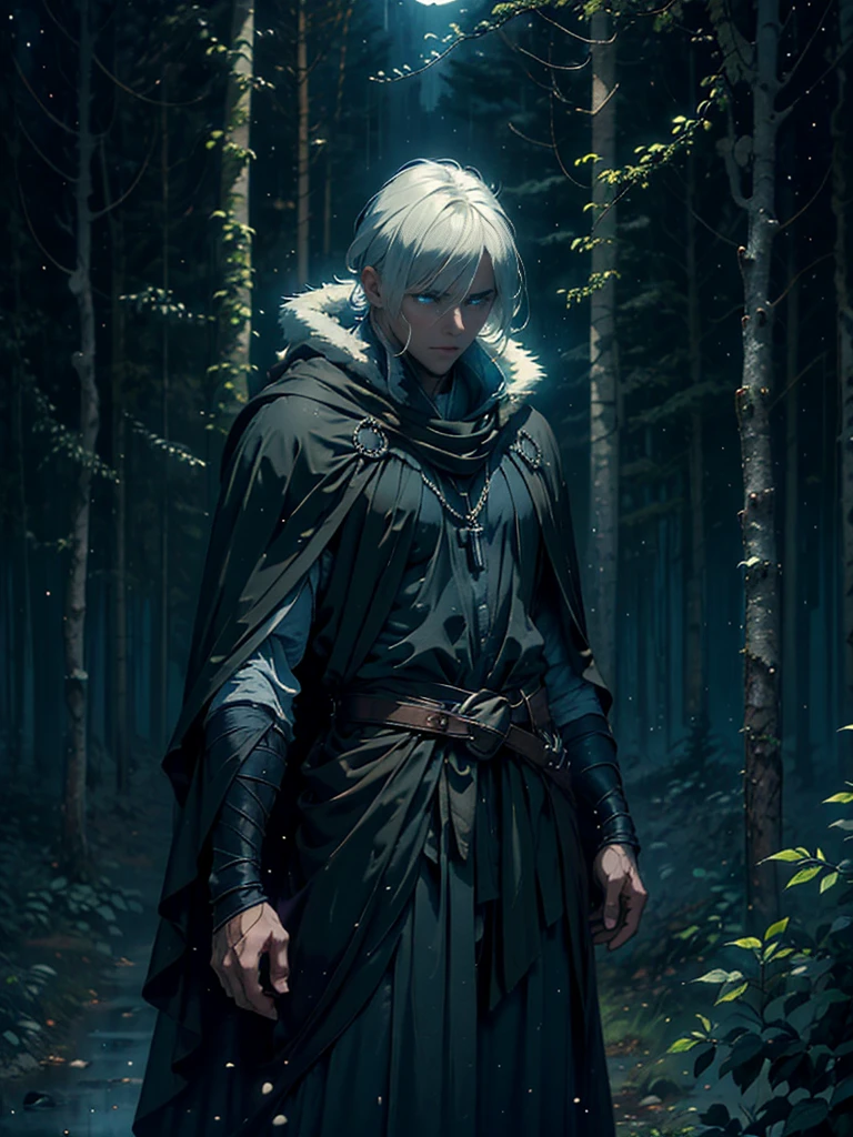 (Best Quality,ultra detailed), artificial raindrops falling, a man standing in the rain, white hair, blue eyes, detailed face(fail),dense forest landscape,majestic and serene nature, shining brightly in the night sky,black medieval outfit with pants glow in the moonlight, gentle style